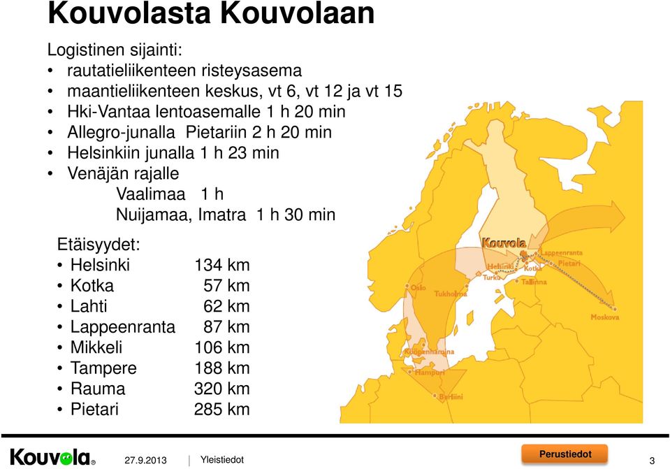 junalla 1 h 23 min Venäjän rajalle Vaalimaa 1 h Nuijamaa, Imatra 1 h 30 min Etäisyydet: Helsinki Kotka