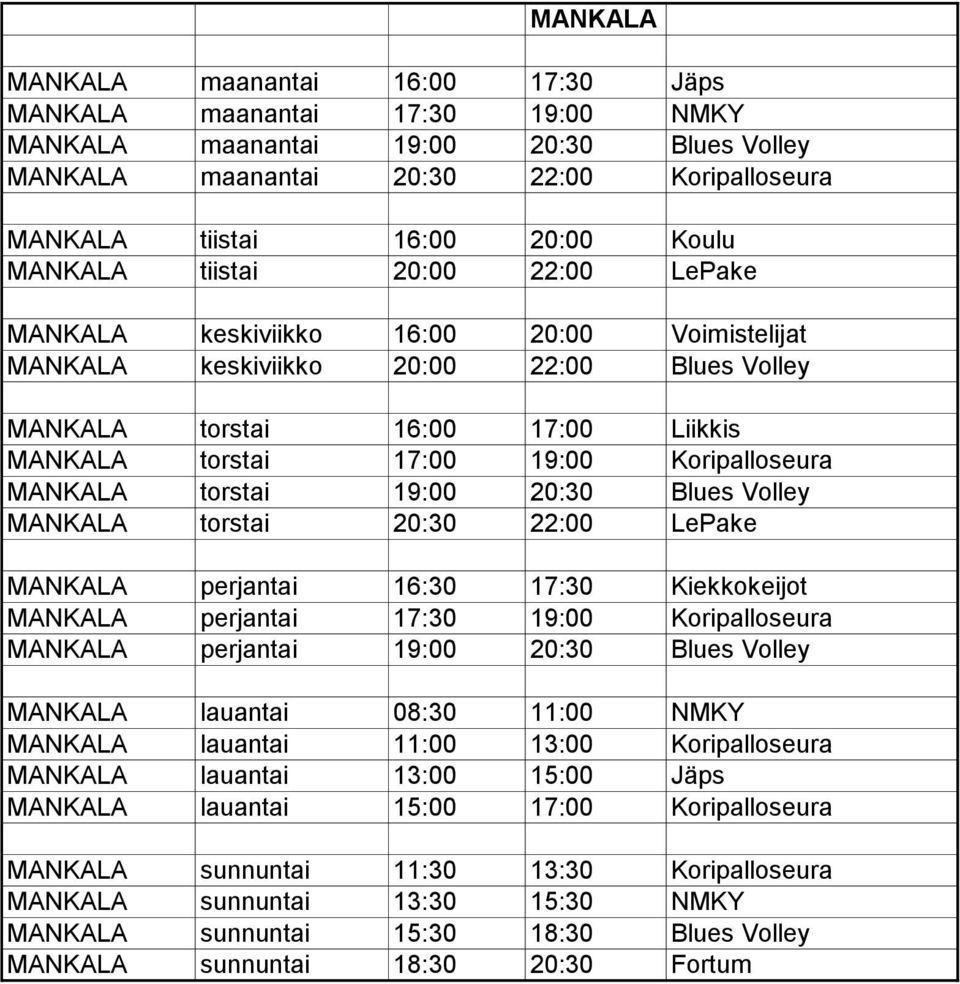 Koripalloseura MANKALA torstai 19:00 20:30 Blues Volley MANKALA torstai 20:30 22:00 LePake MANKALA perjantai 16:30 17:30 Kiekkokeijot MANKALA perjantai 17:30 19:00 Koripalloseura MANKALA perjantai