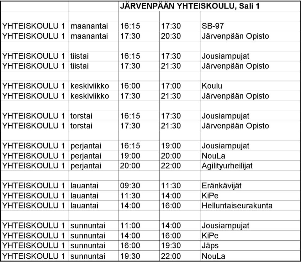 17:30 21:30 Järvenpään Opisto YHTEISKOULU 1 perjantai 16:15 19:00 Jousiampujat YHTEISKOULU 1 perjantai 19:00 20:00 NouLa YHTEISKOULU 1 perjantai 20:00 22:00 Agilityurheilijat YHTEISKOULU 1 lauantai