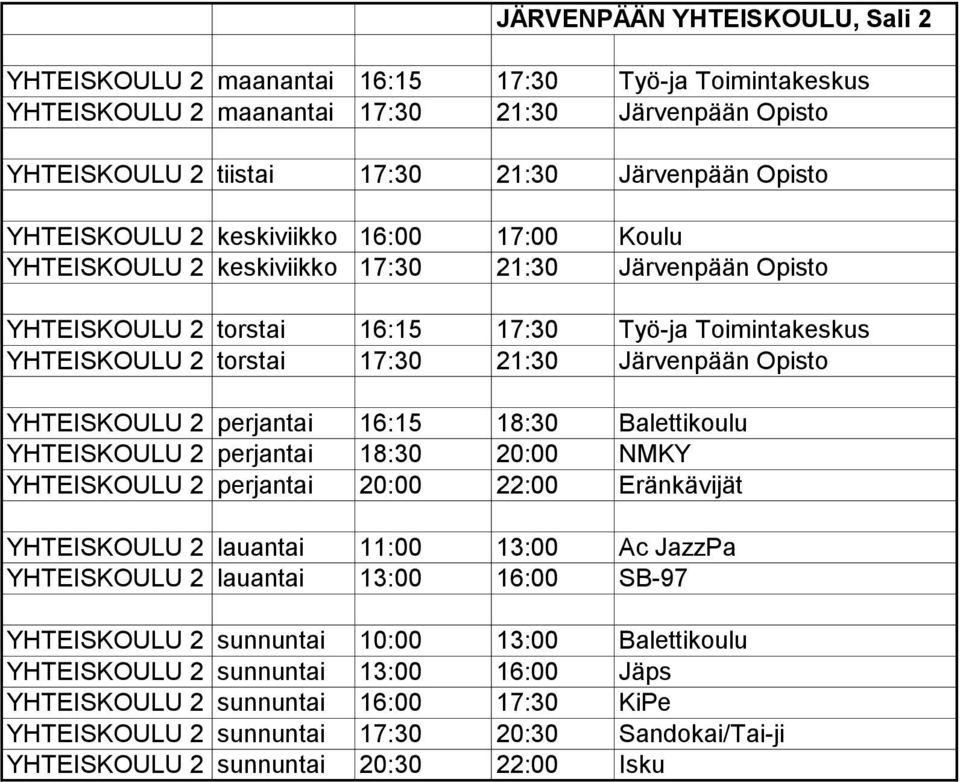 Järvenpään Opisto YHTEISKOULU 2 perjantai 16:15 18:30 Balettikoulu YHTEISKOULU 2 perjantai 18:30 20:00 NMKY YHTEISKOULU 2 perjantai 20:00 22:00 Eränkävijät YHTEISKOULU 2 lauantai 11:00 13:00 Ac