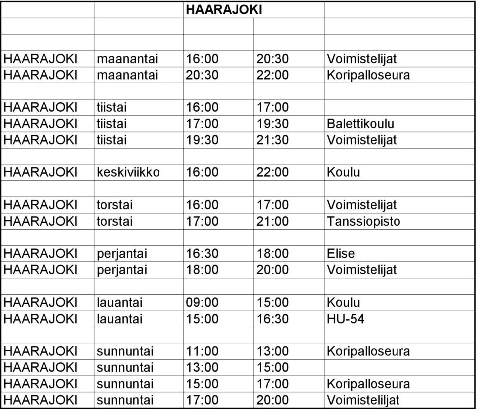 21:00 Tanssiopisto HAARAJOKI perjantai 16:30 18:00 Elise HAARAJOKI perjantai 18:00 20:00 Voimistelijat HAARAJOKI lauantai 09:00 15:00 Koulu HAARAJOKI lauantai 15:00