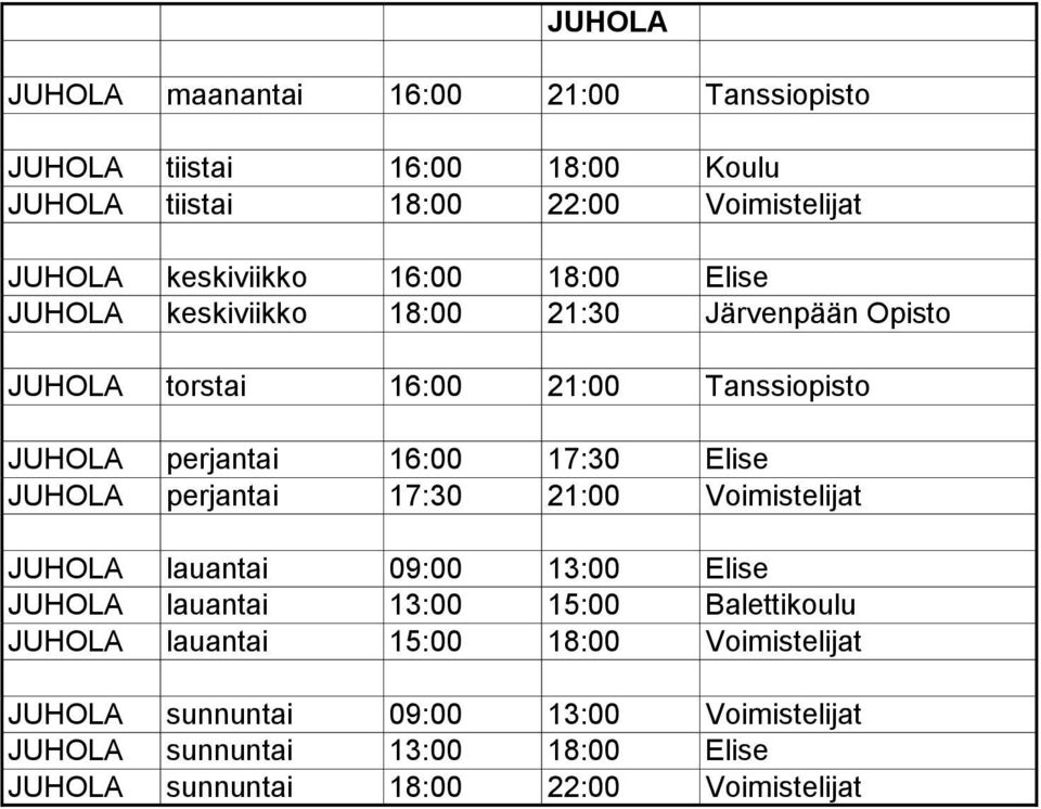 16:00 17:30 Elise JUHOLA perjantai 17:30 21:00 Voimistelijat JUHOLA lauantai 09:00 13:00 Elise JUHOLA lauantai 13:00 15:00 Balettikoulu