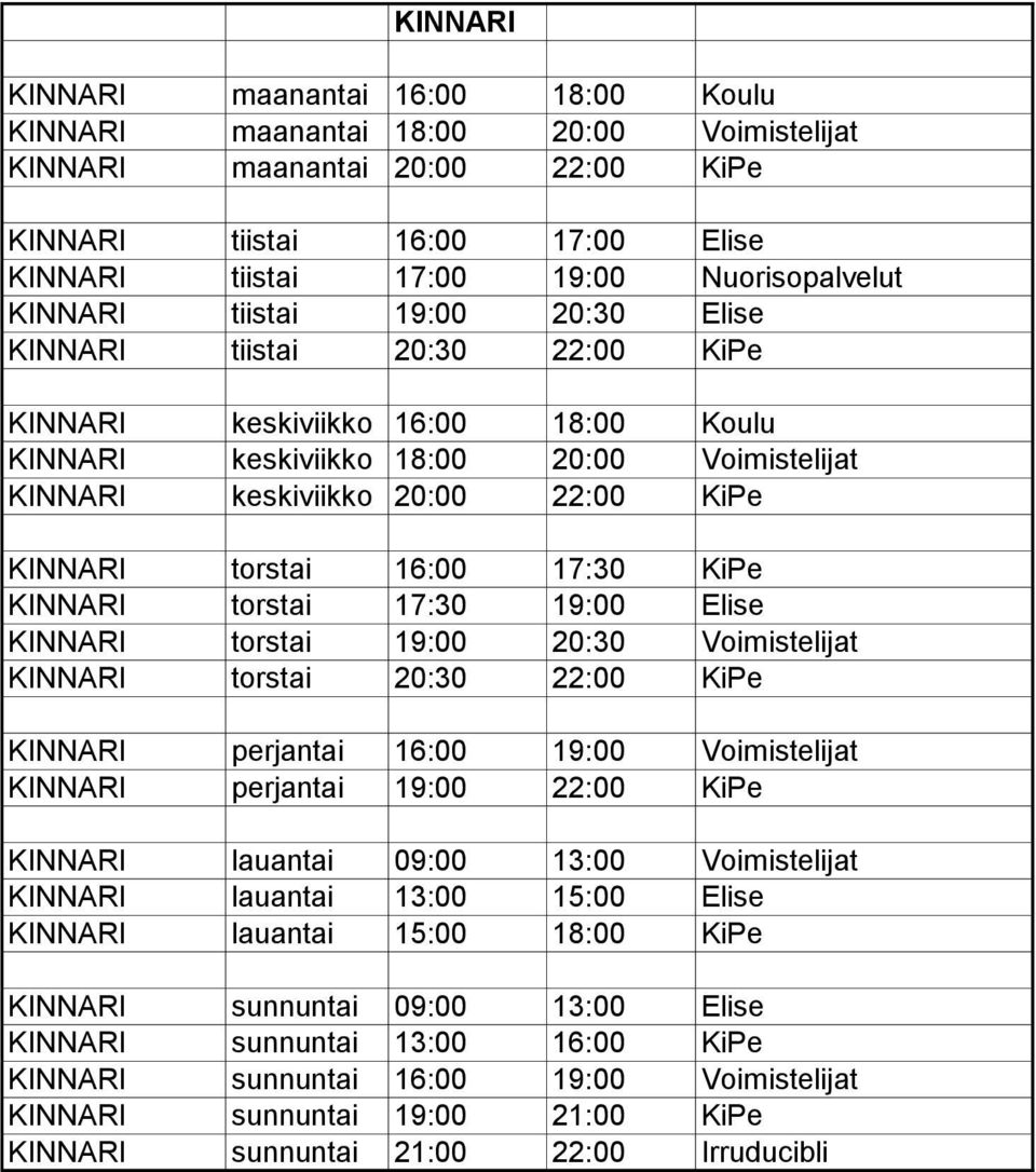 KiPe KINNARI torstai 16:00 17:30 KiPe KINNARI torstai 17:30 19:00 Elise KINNARI torstai 19:00 20:30 Voimistelijat KINNARI torstai 20:30 22:00 KiPe KINNARI perjantai 16:00 19:00 Voimistelijat KINNARI