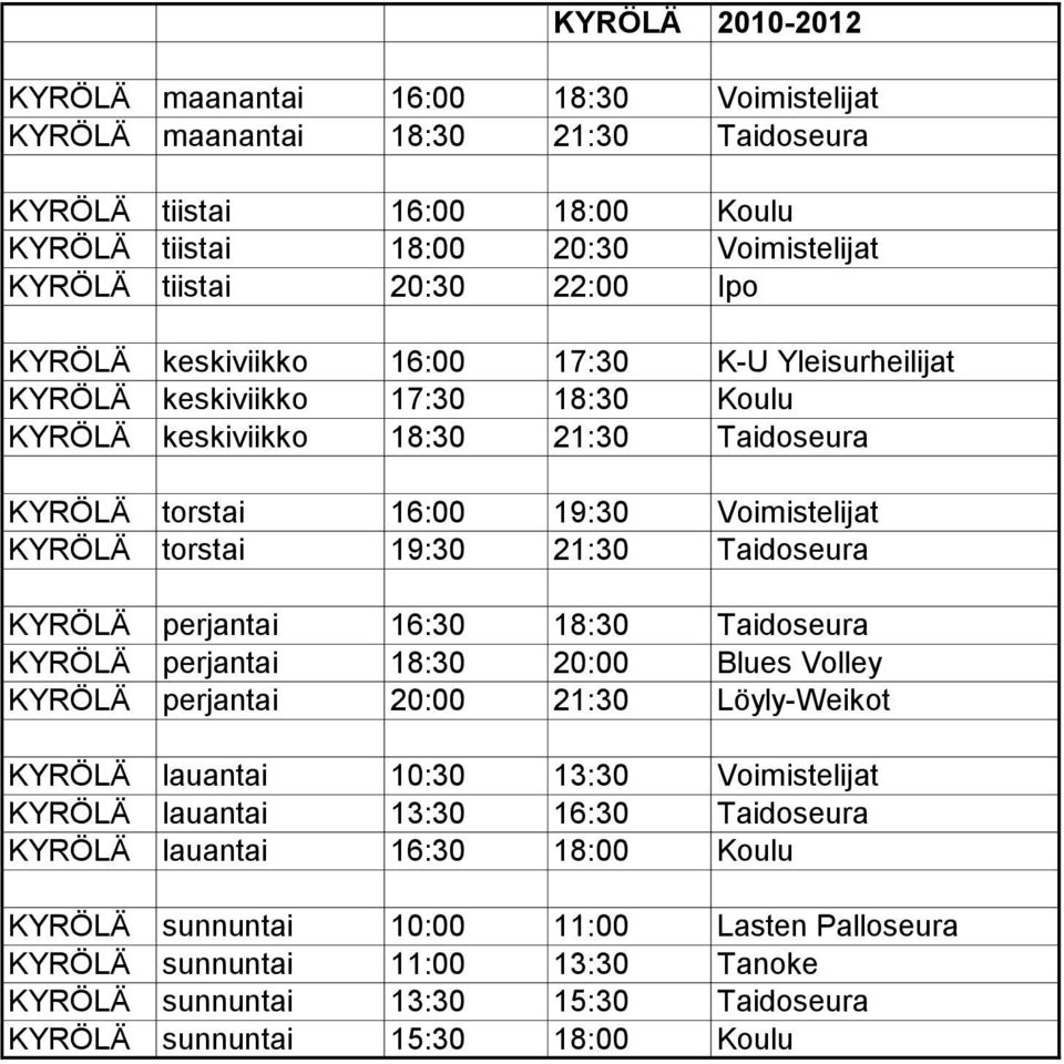 19:30 21:30 Taidoseura KYRÖLÄ perjantai 16:30 18:30 Taidoseura KYRÖLÄ perjantai 18:30 20:00 Blues Volley KYRÖLÄ perjantai 20:00 21:30 Löyly-Weikot KYRÖLÄ lauantai 10:30 13:30 Voimistelijat KYRÖLÄ