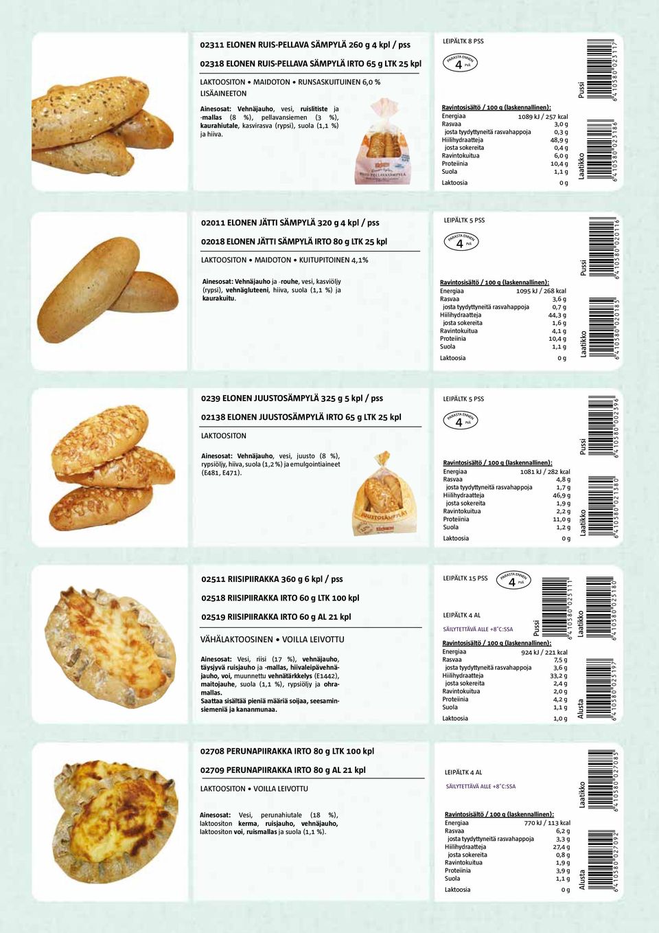 LEIPÄLTK 8 PSS 1089 kj / 257 kcal 3, josta tyydyttyneitä rasvahappoja 48,9 g 0,4 g 6, 10,4 g *6410580023186* *6410580023117* 02011 ELONEN JÄTTI SÄMPYLÄ 32 4 kpl / pss 02018 ELONEN JÄTTI SÄMPYLÄ IRTO