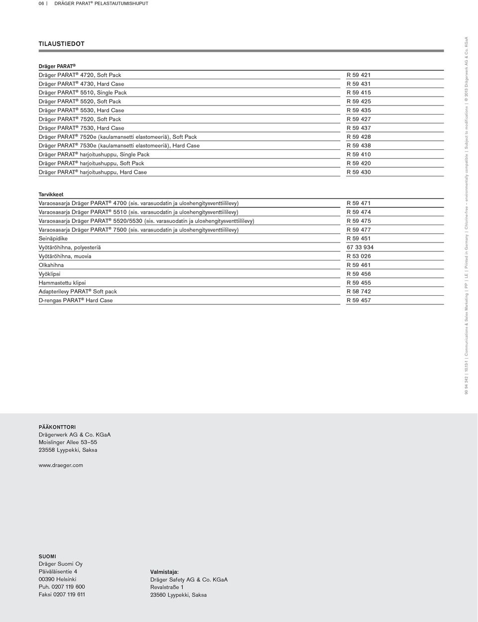 428 Dräger PARAT 7530e (kaulamansetti elastomeeriä), Hard Case R 59 438 Dräger PARAT harjoitushuppu, Single Pack R 59 410 Dräger PARAT harjoitushuppu, Soft Pack R 59 420 Dräger PARAT harjoitushuppu,