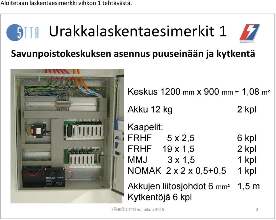 1200 mm x 900 mm = 1,08 m² Akku 12 kg 2 kpl Kaapelit: FRHF 5 x 2,5 6 kpl FRHF 19 x 1,5