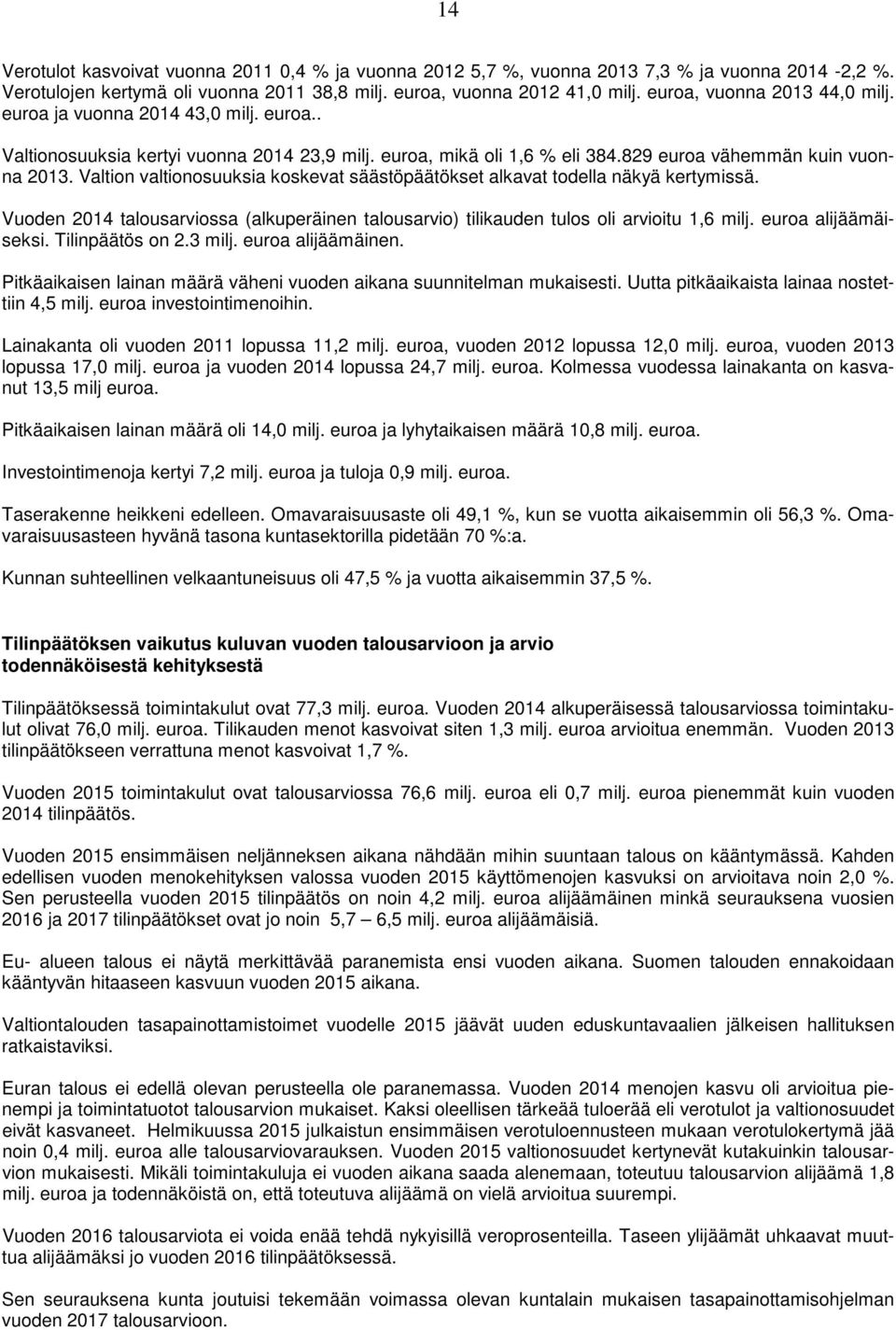 Valtion valtionosuuksia koskevat säästöpäätökset alkavat todella näkyä kertymissä. Vuoden 2014 talousarviossa (alkuperäinen talousarvio) tilikauden tulos oli arvioitu 1,6 milj. euroa alijäämäiseksi.