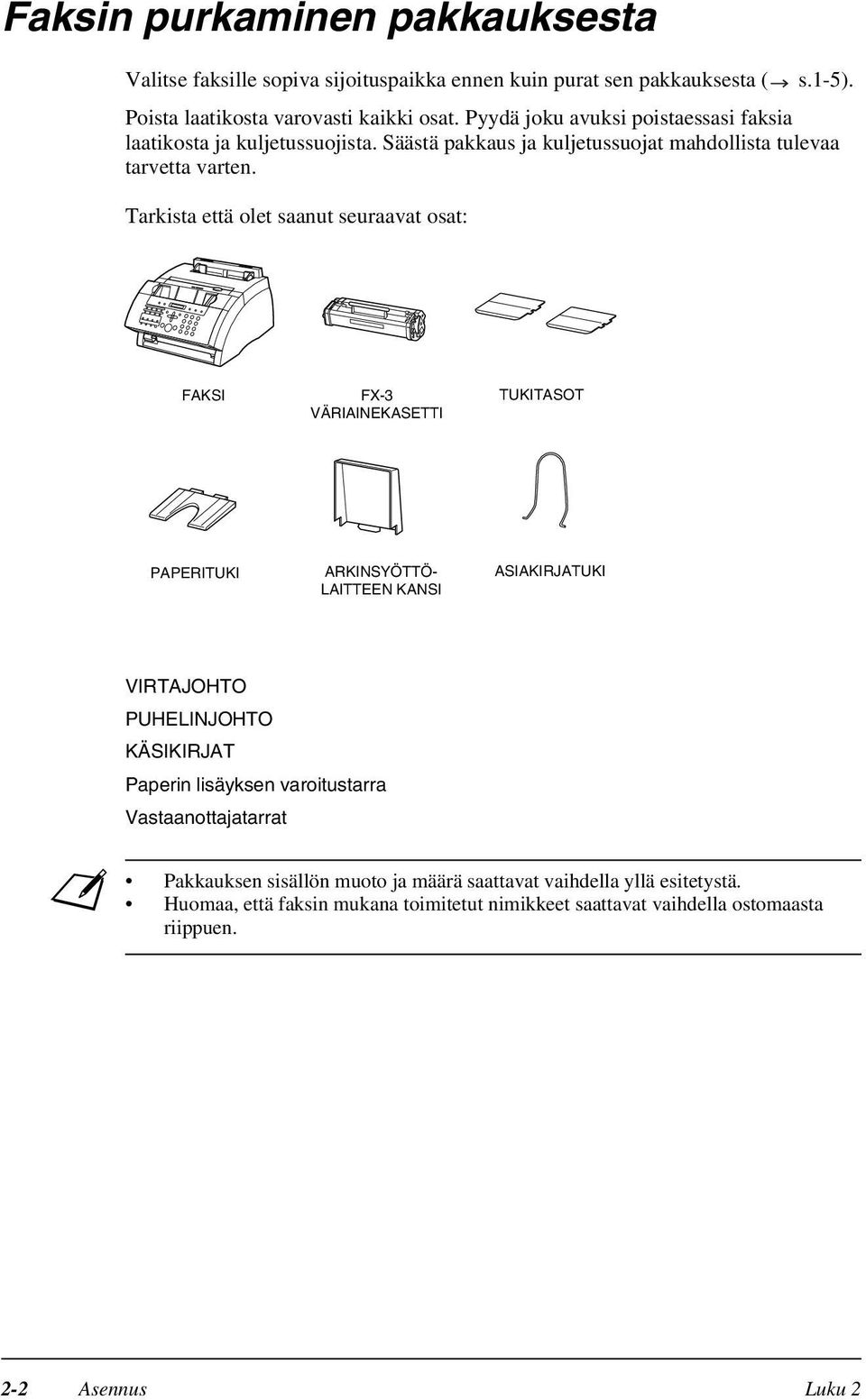 Tarkista että olet saanut seuraavat osat: FAKSI FX-3 VÄRIAINEKASETTI TUKITASOT PAPERITUKI ARKINSYÖTTÖ- LAITTEEN KANSI ASIAKIRJATUKI VIRTAJOHTO PUHELINJOHTO KÄSIKIRJAT