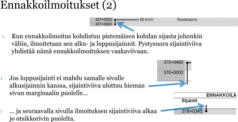 Pystysuora sijaintiviiva yhdistää nämä ennakkoilmoituksen vaakaviivaan.