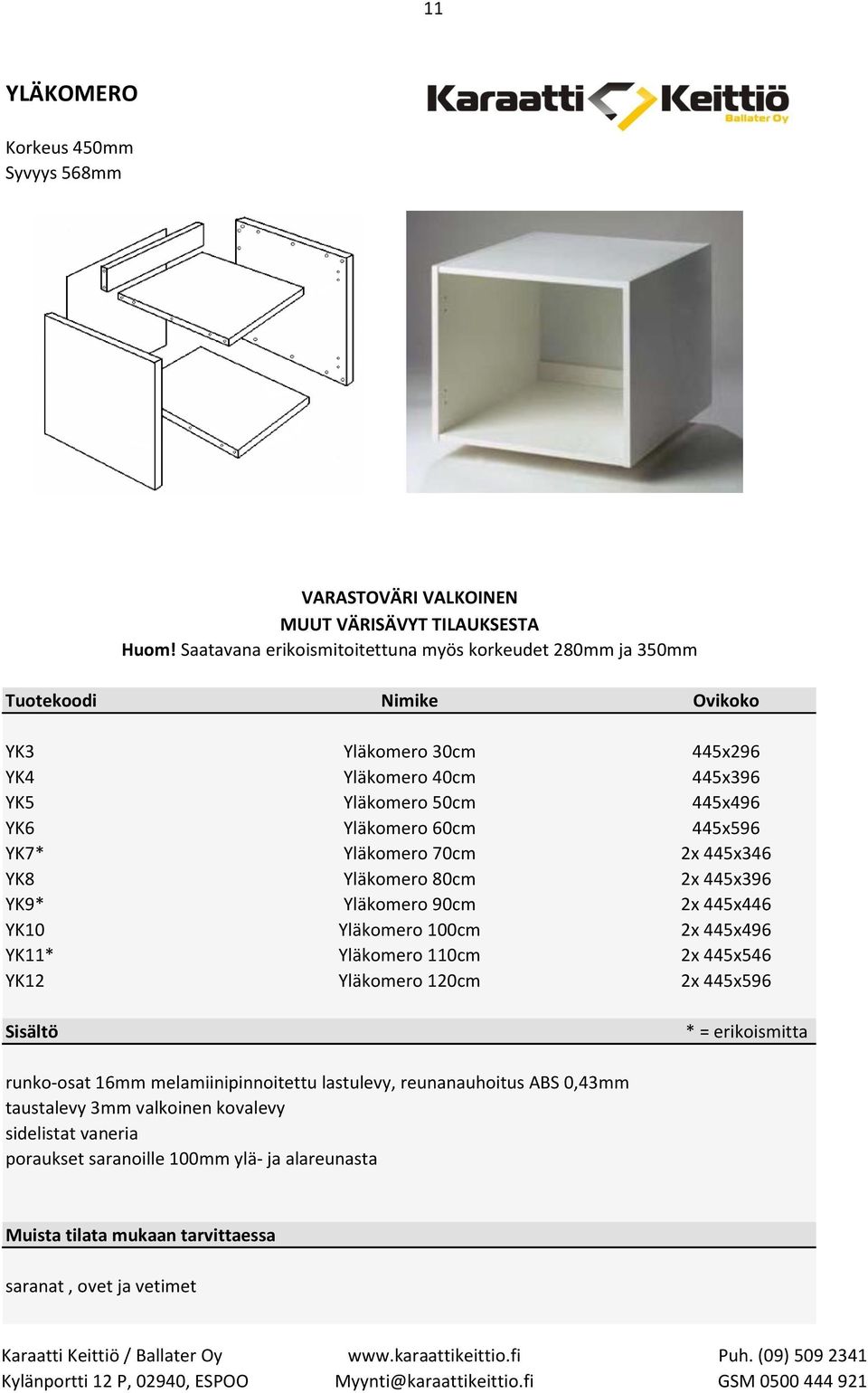 Yläkomero 40cm 445x396 YK5 Yläkomero 50cm 445x496 YK6 Yläkomero 60cm 445x596 YK7* Yläkomero 70cm 2x 445x346 YK8 Yläkomero