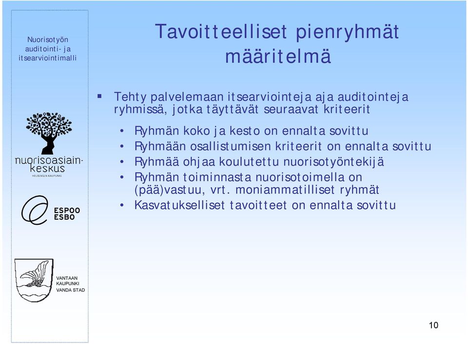 kriteerit on ennalta sovittu Ryhmää ohjaa koulutettu nuorisotyöntekijä Ryhmän toiminnasta