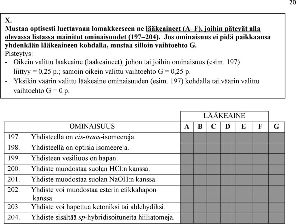 197) liittyy = 0,5 p.; samoin oikein valittu vaihtoehto G = 0,5 p. - Yksikin väärin valittu lääkeaine ominaisuuden (esim. 197) kohdalla tai väärin valittu vaihtoehto G = 0 p.