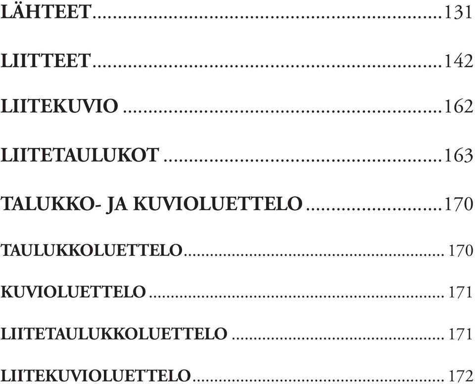 ..170 TAULUKKOLUETTELO... 170 KUVIOLUETTELO.