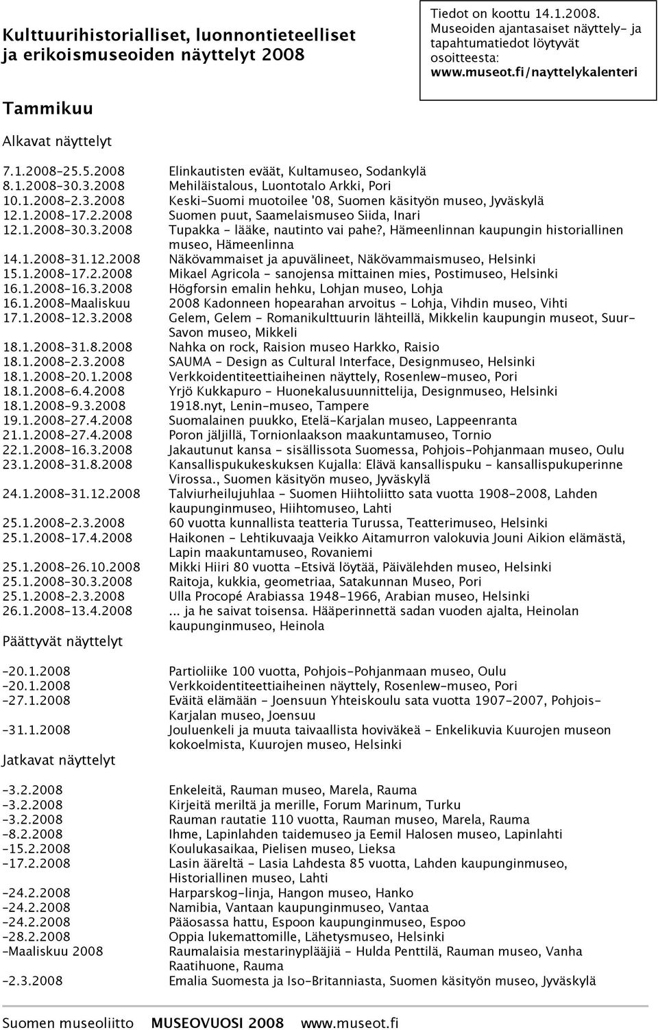 1.2008 17.2.2008 Suomen puut, Saamelaismuseo Siida, Inari 12.1.2008 30.3.2008 Tupakka - lääke, nautinto vai pahe?, Hämeenlinnan kaupungin historiallinen museo, Hämeenlinna 14.1.2008 31.12.2008 Näkövammaiset ja apuvälineet, Näkövammais 15.