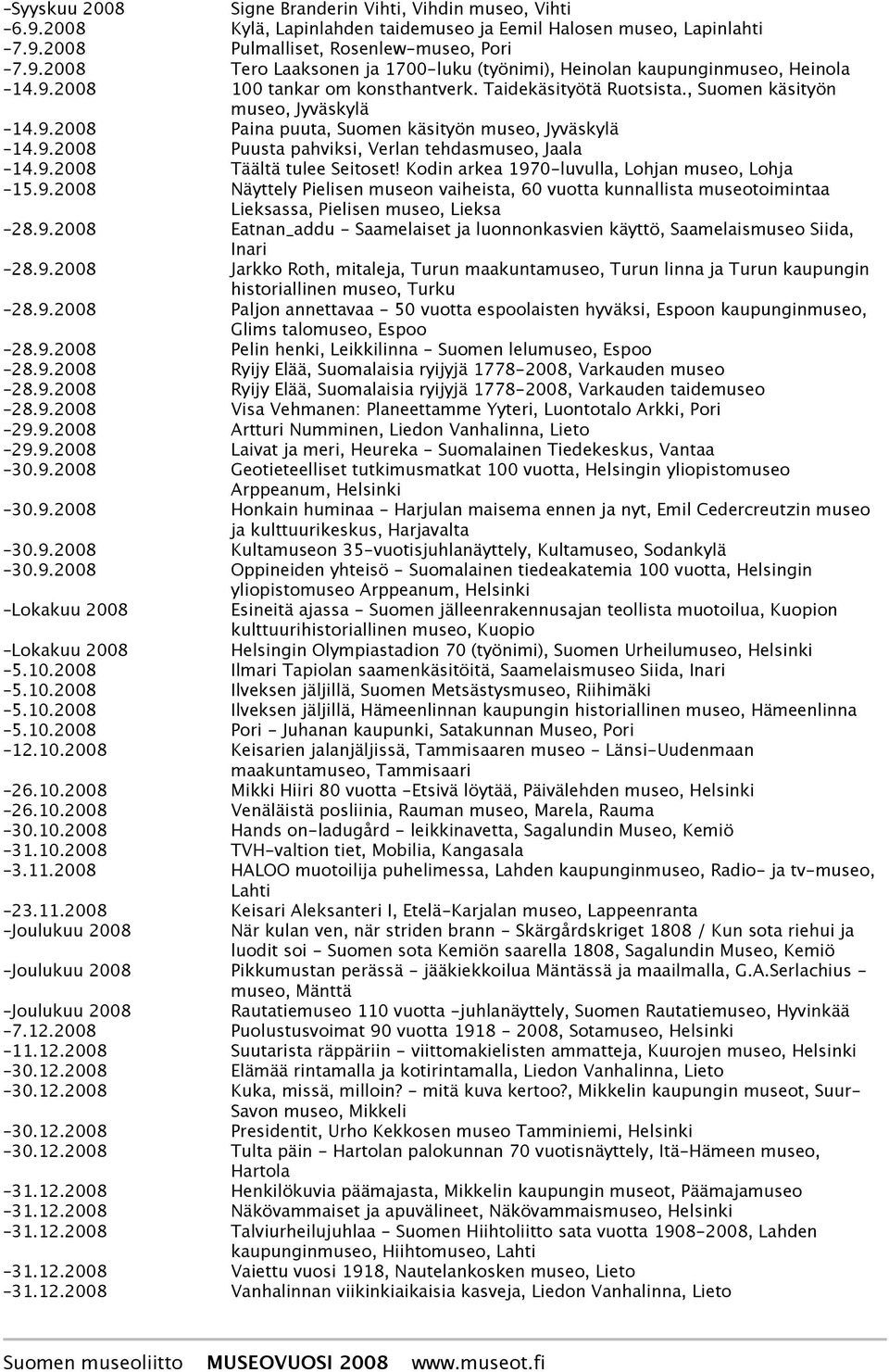 9.2008 Täältä tulee Seitoset! Kodin arkea 1970-luvulla, Lohjan museo, Lohja 15.9.2008 Näyttely Pielisen museon vaiheista, 60 vuotta kunnallista museotoimintaa Lieksassa, Pielisen museo, Lieksa 28.9.2008 Eatnan_addu - Saamelaiset ja luonnonkasvien käyttö, Saamelaismuseo Siida, Inari 28.