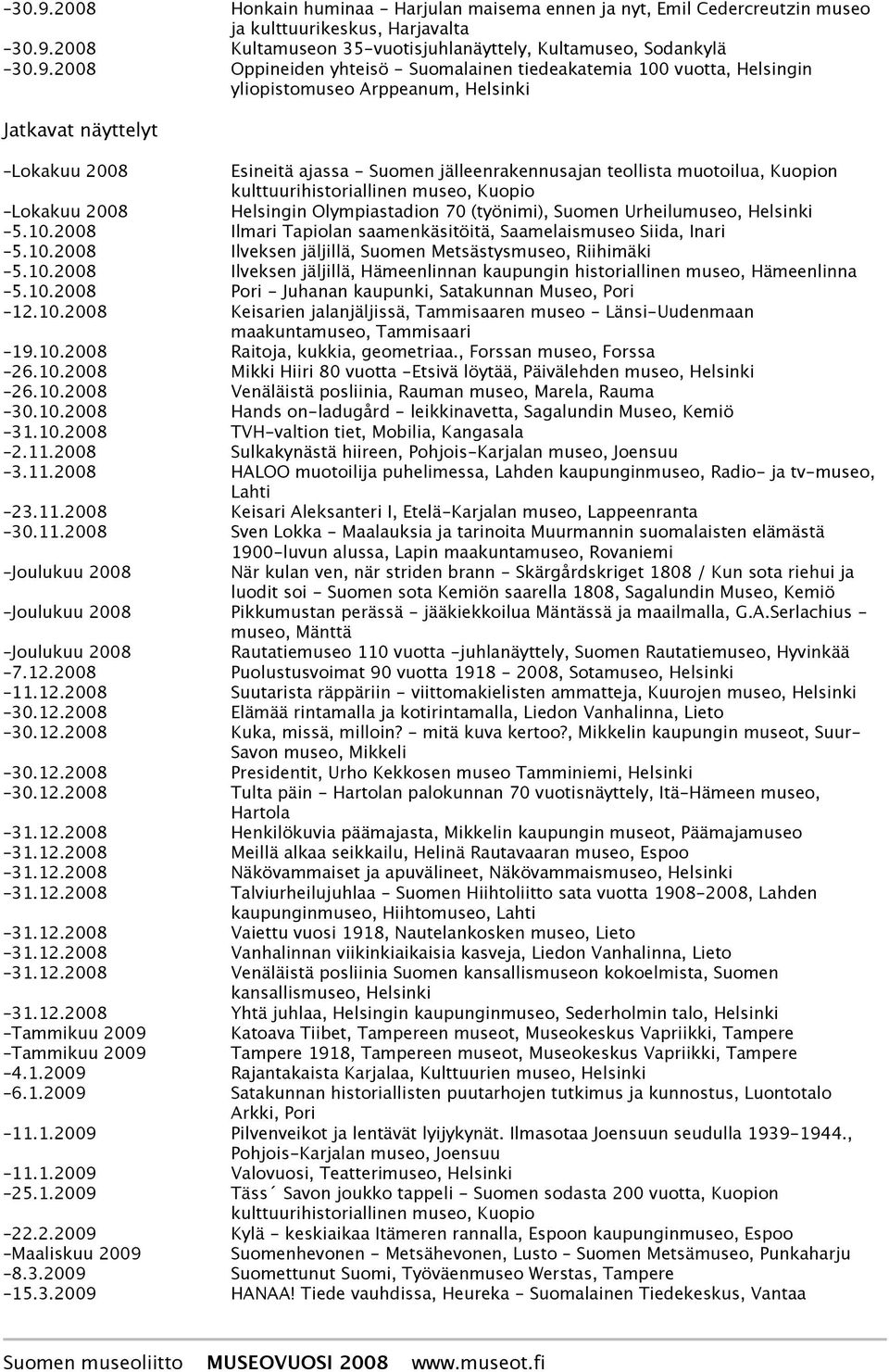 Kuopion Lokakuu 2008 Helsingin Olympiastadion 70 (työnimi), Suomen Urheilu 5.10.2008 Ilmari Tapiolan saamenkäsitöitä, Saamelaismuseo Siida, Inari 5.10.2008 Ilveksen jäljillä, Suomen Metsästysmuseo, Riihimäki 5.