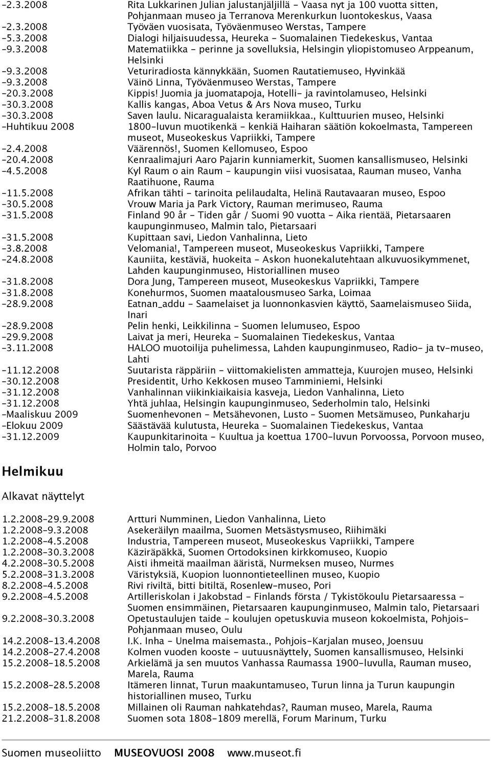 3.2008 Väinö Linna, Työväenmuseo Werstas, Tampere 20.3.2008 Kippis! Juomia ja juomatapoja, Hotelli- ja ravintola 30.3.2008 Kallis kangas, Aboa Vetus & Ars Nova museo, Turku 30.3.2008 Saven laulu.