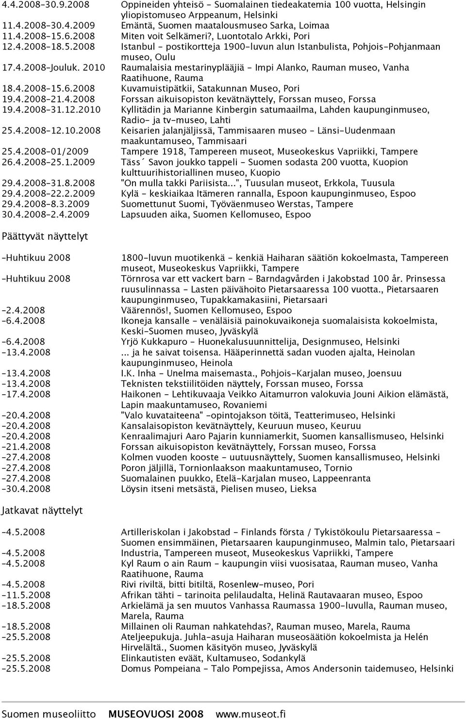 2010 Raumalaisia mestarinyplääjiä - Impi Alanko, Rauman museo, Vanha 18.4.2008 15.6.2008 Kuvamuistipätkii, Satakunnan Museo, Pori 19.4.2008 21.4.2008 Forssan aikuisopiston kevätnäyttely, Forssan museo, Forssa 19.