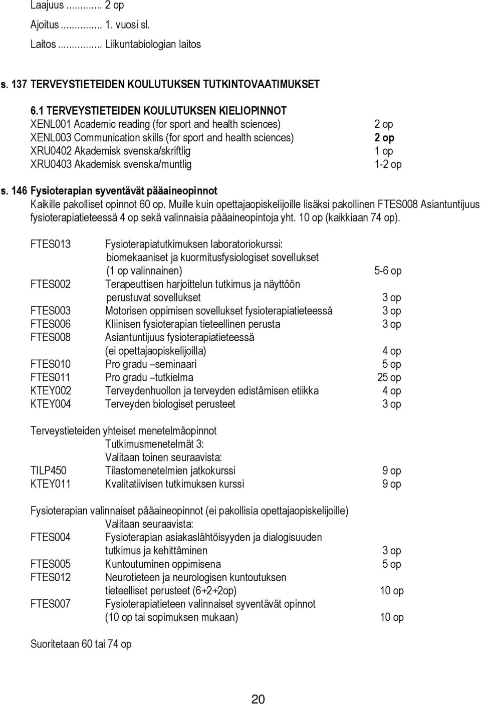 XRU0403 Akademisk svenska/muntlig 2 op 2 op 1 op 1-2 op s. 146 Fysioterapian syventävät pääaineopinnot Kaikille pakolliset opinnot 60 op.