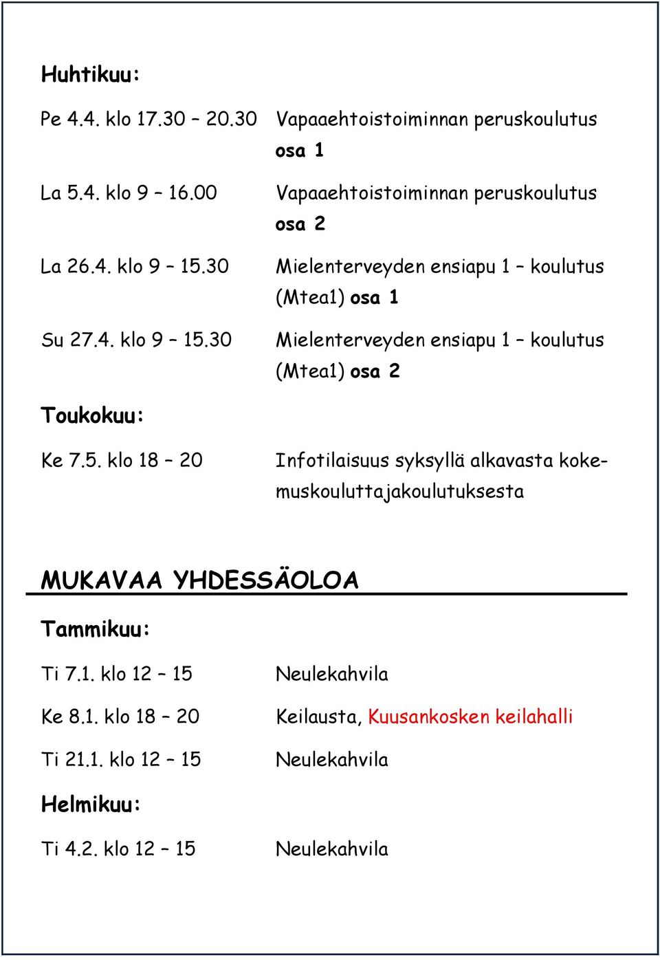 30 Vapaaehtoistoiminnan peruskoulutus osa 2 Mielenterveyden ensiapu 1 koulutus (Mtea1) osa 1 Mielenterveyden ensiapu 1 koulutus