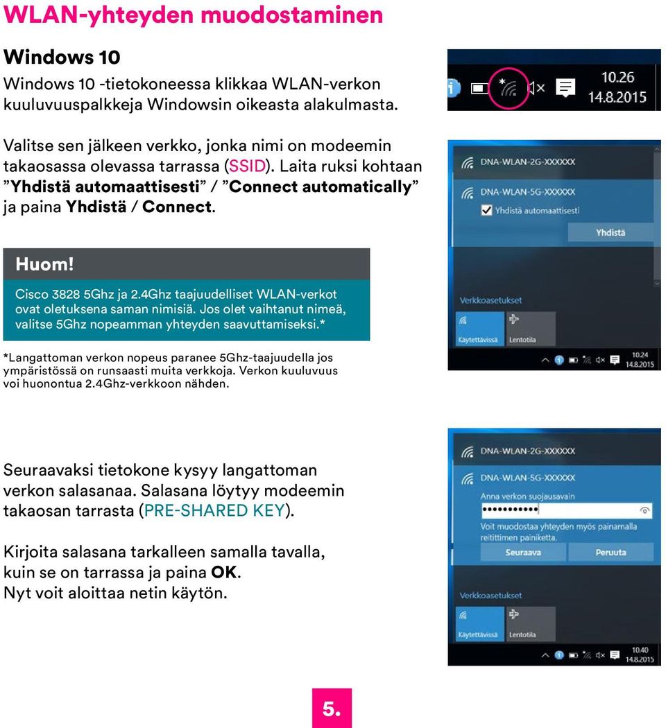 Cisco 3828 5Ghz ja 2.4Ghz taajuudelliset WLAN-verkot ovat oletuksena saman nimisiä. Jos olet vaihtanut nimeä, valitse 5Ghz nopeamman yhteyden saavuttamiseksi.