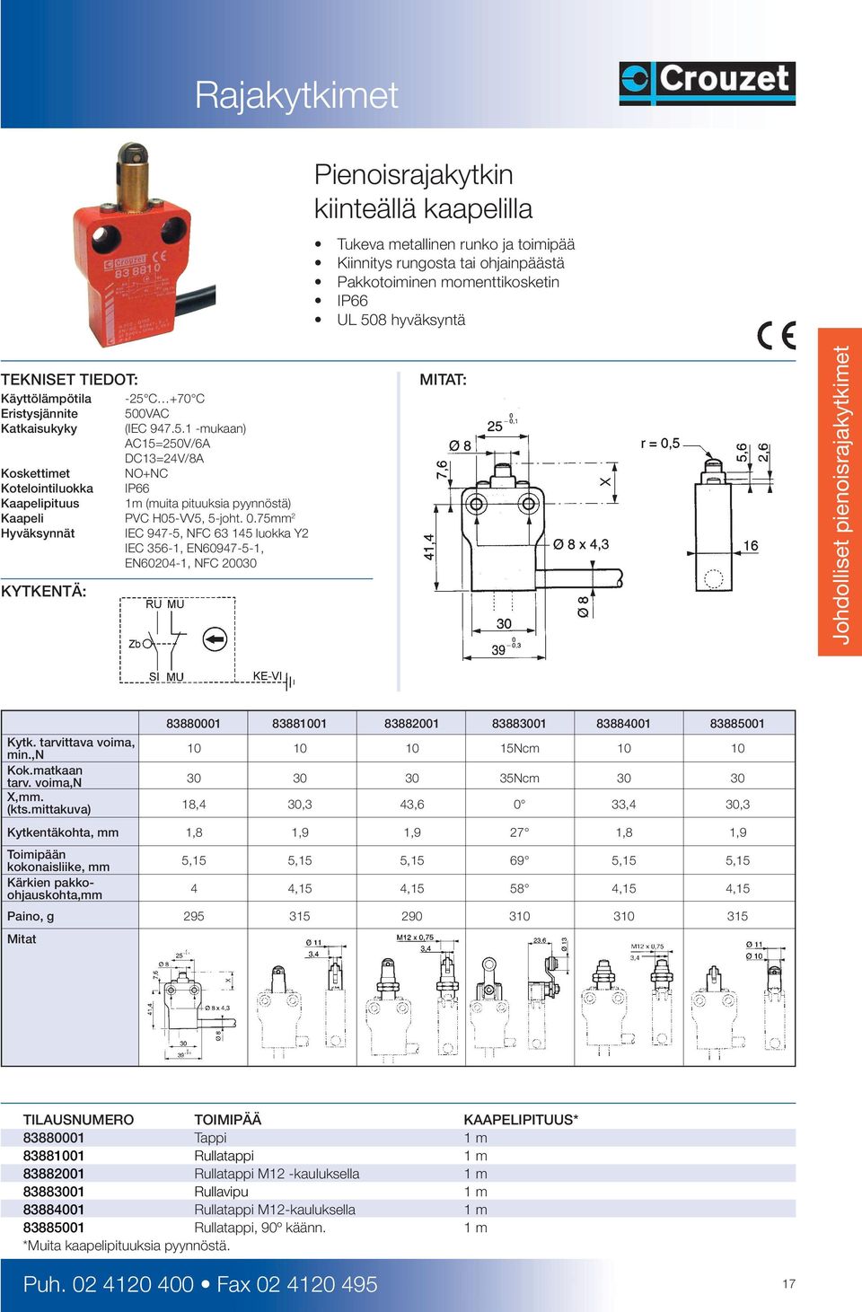 75mm 2 Hyväksynnät IEC 947-5, NFC 63 145 luokka Y2 IEC 356-1, EN60947-5-1, EN60204-1, NFC 20030 KYTKENTÄ: MITAT: Johdolliset pienoisrajakytkimet 83880001 83881001 83882001 83883001 83884001 83885001
