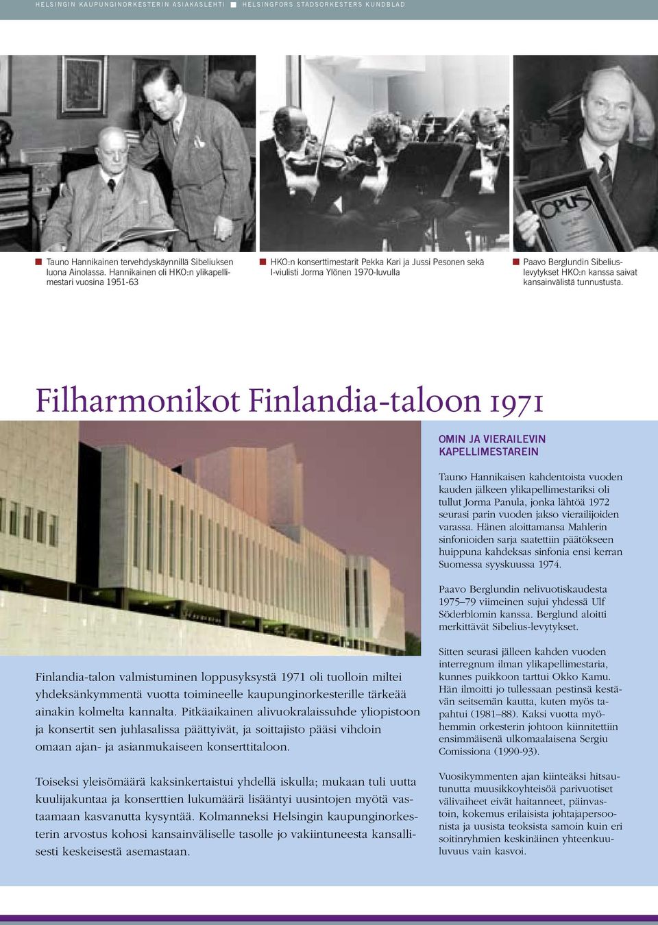 Hannikainen oli HKO:n ylikapellimestari vuosina 1951-63 HKO:n konserttimestarit Pekka Kari ja Jussi Pesonen sekä I-viulisti Jorma Ylönen 1970-luvulla Paavo Berglundin Sibeliuslevytykset HKO:n kanssa