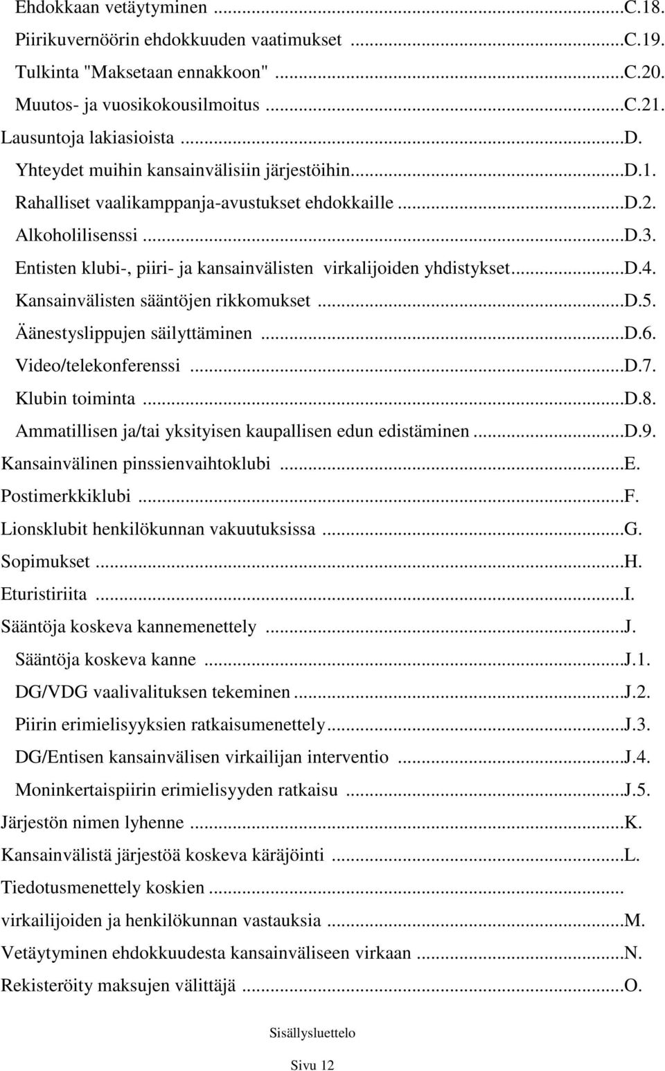 Kansainvälisten sääntöjen rikkomukset...d.5. Äänestyslippujen säilyttäminen...d.6. Video/telekonferenssi...D.7. Klubin toiminta...d.8. Ammatillisen ja/tai yksityisen kaupallisen edun edistäminen...d.9.