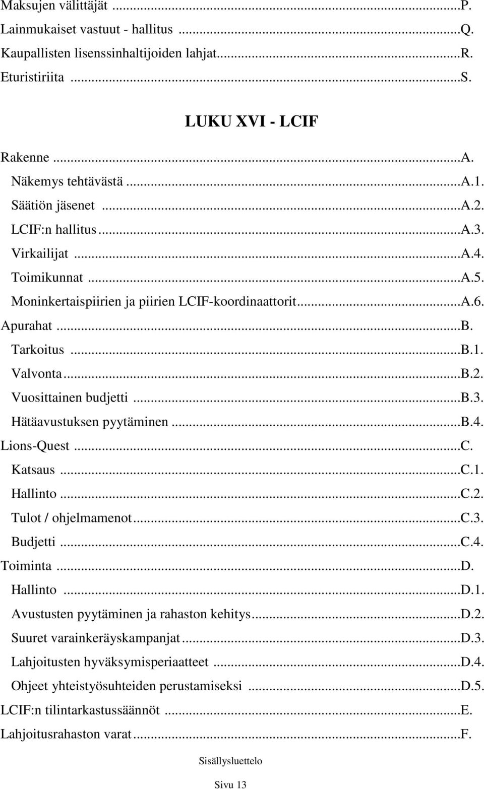 ..b.4. Lions-Quest...C. Katsaus...C.1. Hallinto...C.2. Tulot / ohjelmamenot...c.3. Budjetti...C.4. Toiminta...D. Hallinto...D.1. Avustusten pyytäminen ja rahaston kehitys...d.2. Suuret varainkeräyskampanjat.