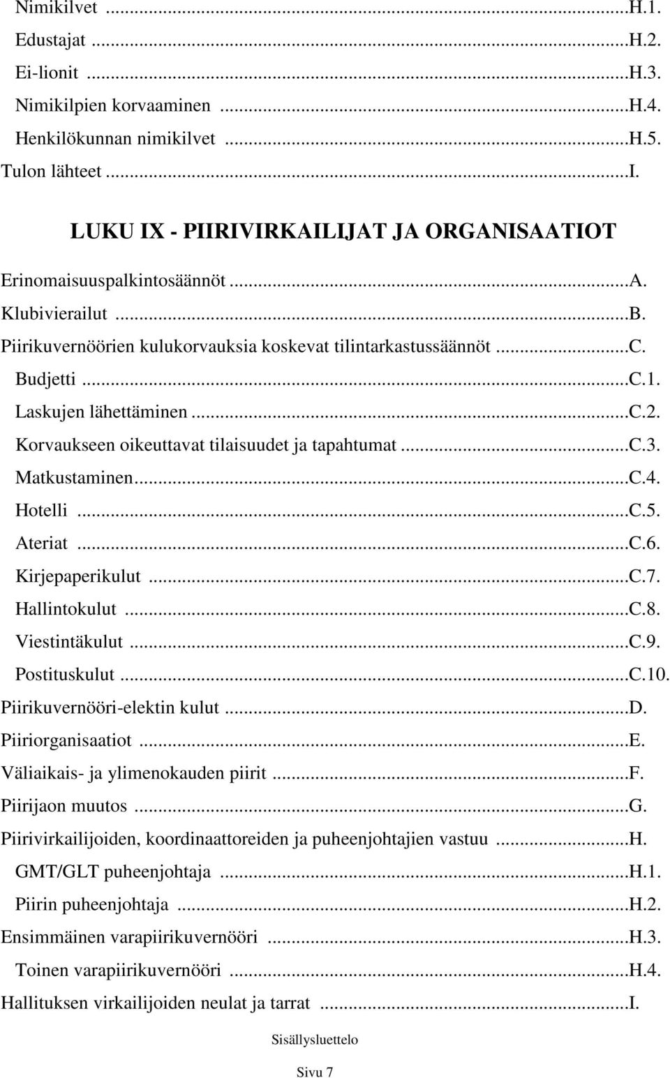 Matkustaminen...C.4. Hotelli...C.5. Ateriat...C.6. Kirjepaperikulut...C.7. Hallintokulut...C.8. Viestintäkulut...C.9. Postituskulut...C.10. Piirikuvernööri-elektin kulut...d. Piiriorganisaatiot...E.