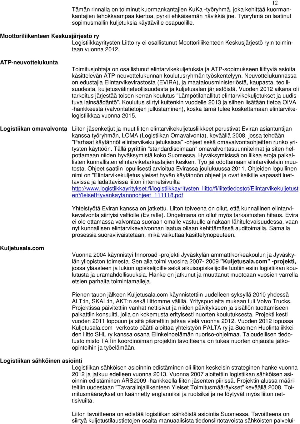 Moottoriliikenteen Keskusjärjestö ry Logistiikkayritysten Liitto ry ei osallistunut Moottoriliikenteen Keskusjärjestö ry:n toimintaan vuonna 2012.