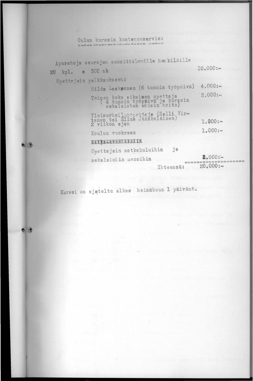 ja kur\3sin sekalsisten asiain hoito) Yleisurheil. ~et aja (Salli Vir~ tanen tai Elina Jääskeläinen) 2 viikon ajan Koulun vuokraan M!IJi Klli!