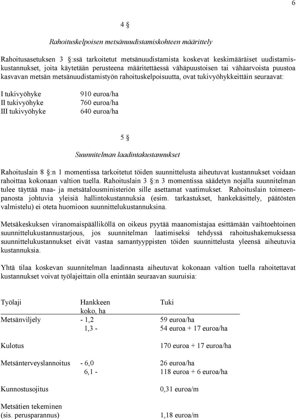 euroa/ha 760 euroa/ha 640 euroa/ha 5 Suunnitelman laadintakustannukset Rahoituslain 8 :n 1 momentissa tarkoitetut töiden suunnittelusta aiheutuvat kustannukset voidaan rahoittaa kokonaan valtion