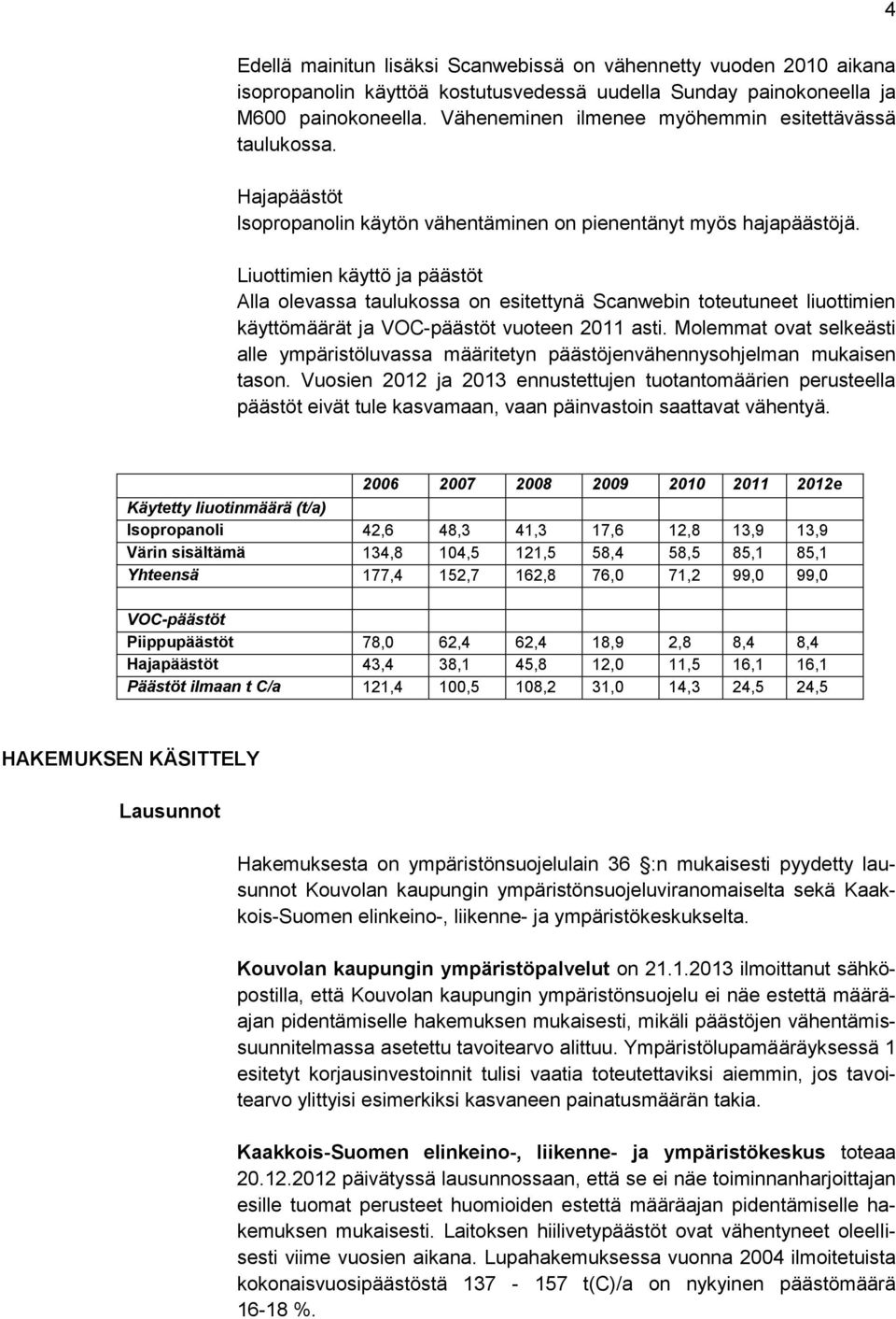 Liuottimien käyttö ja päästöt Alla olevassa taulukossa on esitettynä Scanwebin toteutuneet liuottimien käyttömäärät ja VOC-päästöt vuoteen 2011 asti.