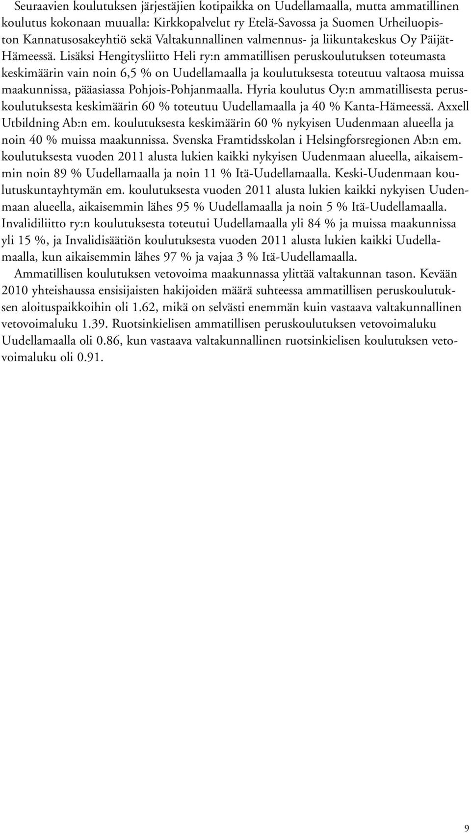 Lisäksi Hengitysliitto Heli ry:n ammatillisen peruskoulutuksen toteumasta keskimäärin vain noin 6,5 % on Uudellamaalla ja koulutuksesta toteutuu valtaosa muissa maakunnissa, pääasiassa