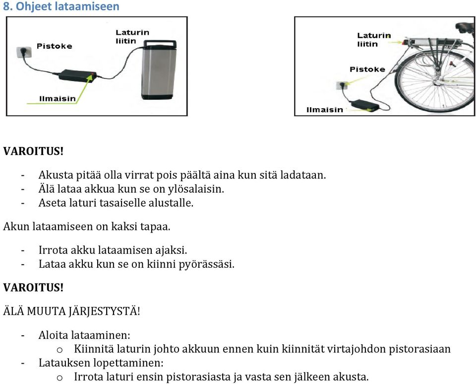 - Irrota akku lataamisen ajaksi. - Lataa akku kun se on kiinni pyörässäsi. VAROITUS! ÄLÄ MUUTA JÄRJESTYSTÄ!