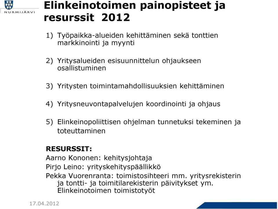 Yritysten toimintamahdollisuuksien kehittäminen 4) Yritysneuvontapalvelujen koordinointi ja ohjaus 5) Elinkeinopoliittisen ohjelman tunnetuksi