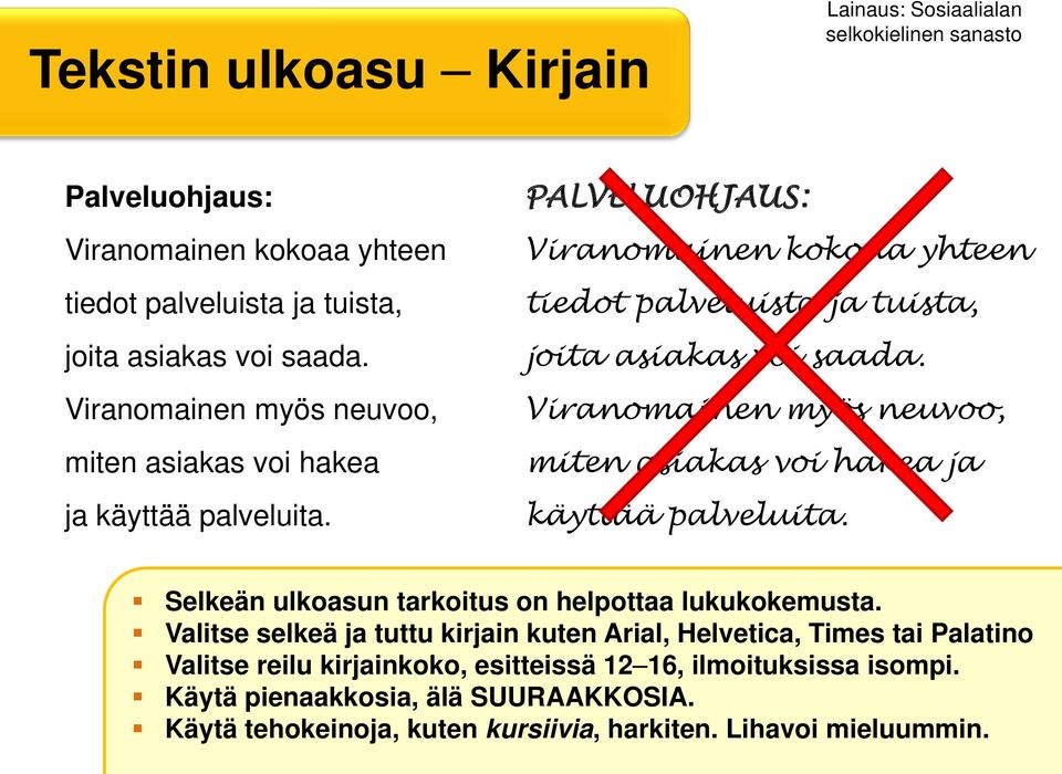 Viranomainen myös neuvoo, miten asiakas voi hakea ja käyttää palveluita. Selkeän ulkoasun tarkoitus on helpottaa lukukokemusta.