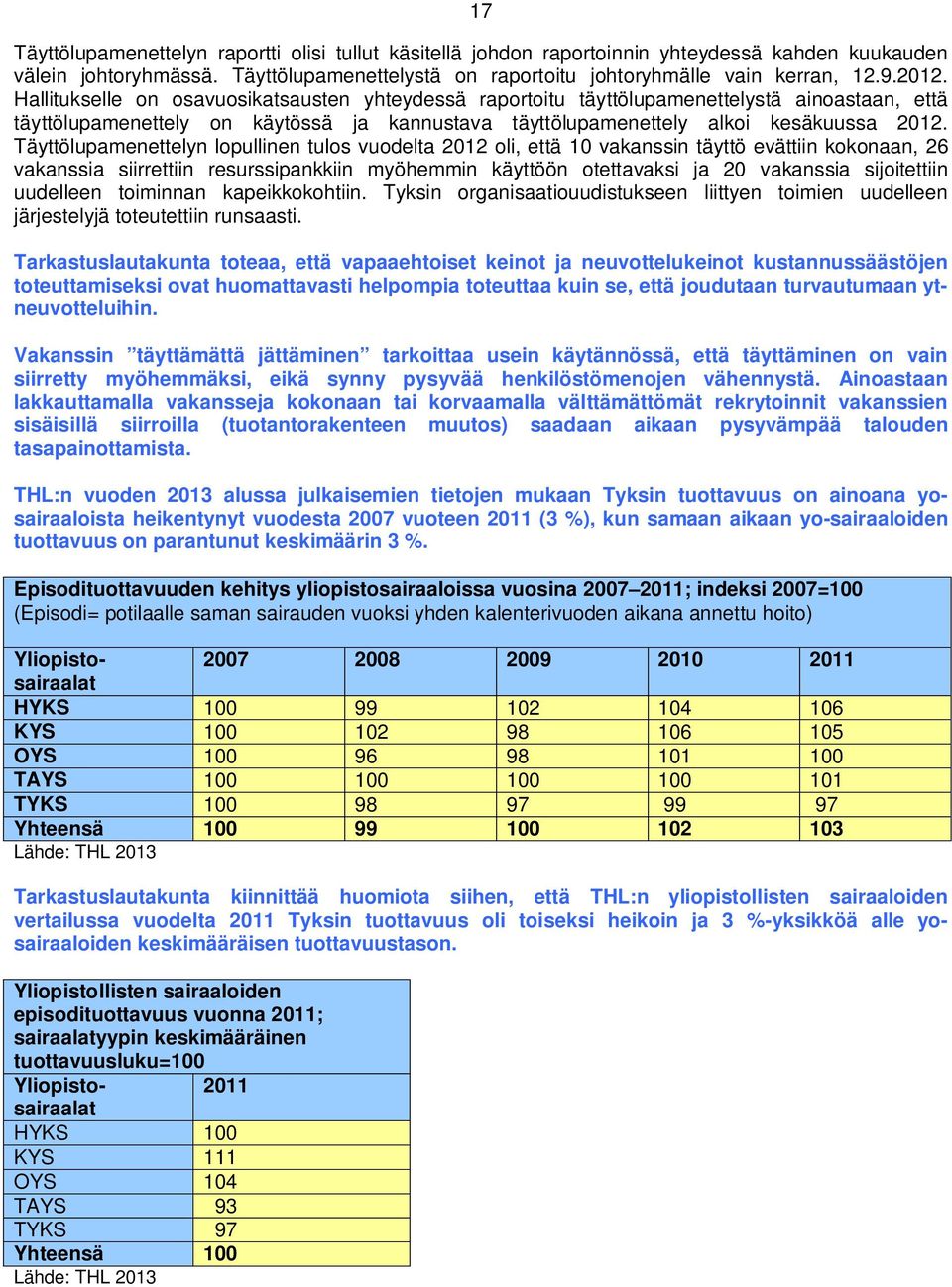 Täyttölupamenettelyn lopullinen tulos vuodelta 2012 oli, että 10 vakanssin täyttö evättiin kokonaan, 26 vakanssia siirrettiin resurssipankkiin myöhemmin käyttöön otettavaksi ja 20 vakanssia