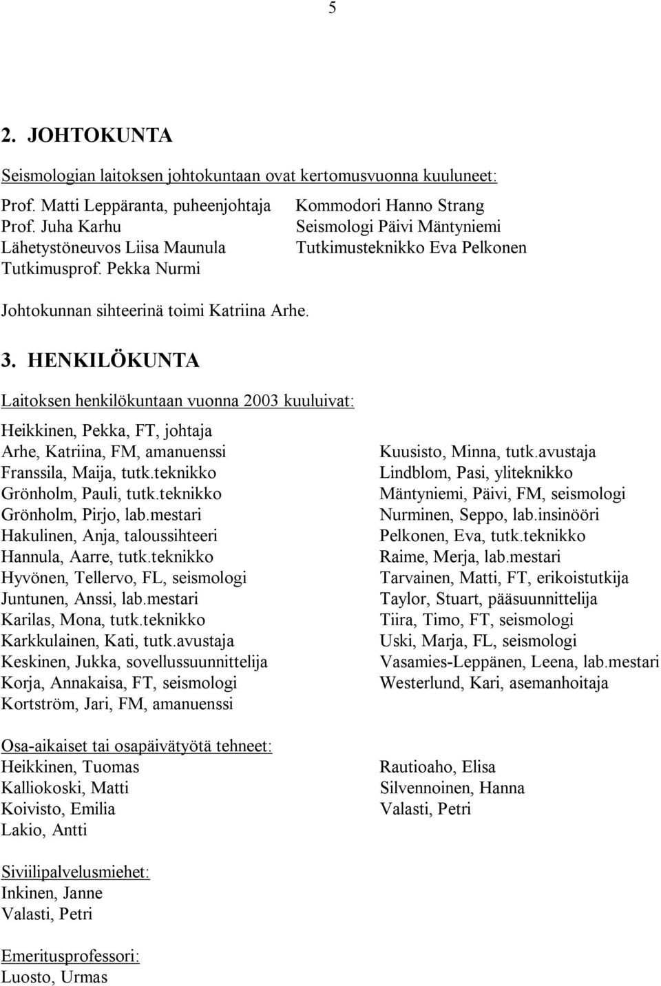 HENKILÖKUNTA Laitoksen henkilökuntaan vuonna 2003 kuuluivat: Heikkinen, Pekka, FT, johtaja Arhe, Katriina, FM, amanuenssi Franssila, Maija, tutk.teknikko Grönholm, Pauli, tutk.