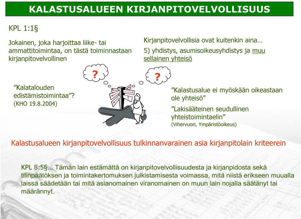 ? Kalastusalue ei myöskään oikeastaan ole yhteisö Lakisääteinen seudullinen yhteistoimintaelin (Vihervuori, Ympäristöoikeus) Kalastusalueen kirjanpitovelvollisuus tulkinnanvarainen asia