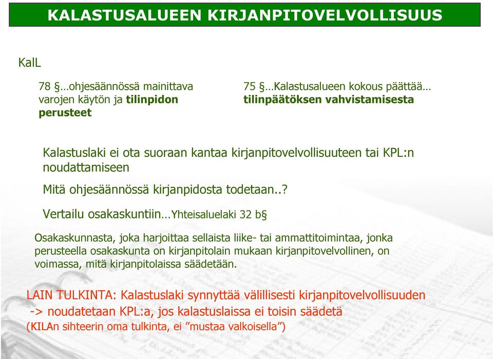 .? Vertailu osakaskuntiin Yhteisaluelaki 32 b Osakaskunnasta, joka harjoittaa sellaista liike- tai ammattitoimintaa, jonka perusteella osakaskunta on kirjanpitolain mukaan