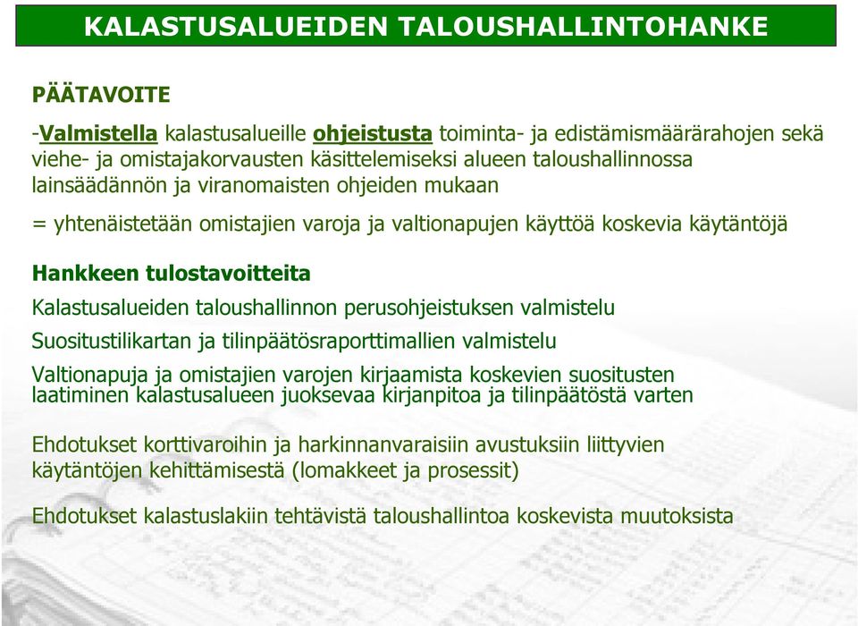 taloushallinnon perusohjeistuksen valmistelu Suositustilikartan ja tilinpäätösraporttimallien valmistelu Valtionapuja ja omistajien varojen kirjaamista koskevien suositusten laatiminen kalastusalueen