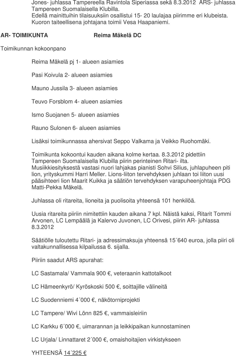 AR- TOIMIKUNTA Reima Mäkelä DC Toimikunnan kokoonpano Reima Mäkelä pj 1- alueen asiamies Pasi Koivula 2- alueen asiamies Mauno Jussila 3- alueen asiamies Teuvo Forsblom 4- alueen asiamies Ismo