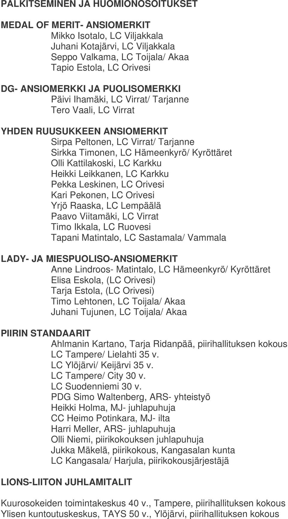 Karkku Heikki Leikkanen, LC Karkku Pekka Leskinen, LC Orivesi Kari Pekonen, LC Orivesi Yrjö Raaska, LC Lempäälä Paavo Viitamäki, LC Virrat Timo Ikkala, LC Ruovesi Tapani Matintalo, LC Sastamala/