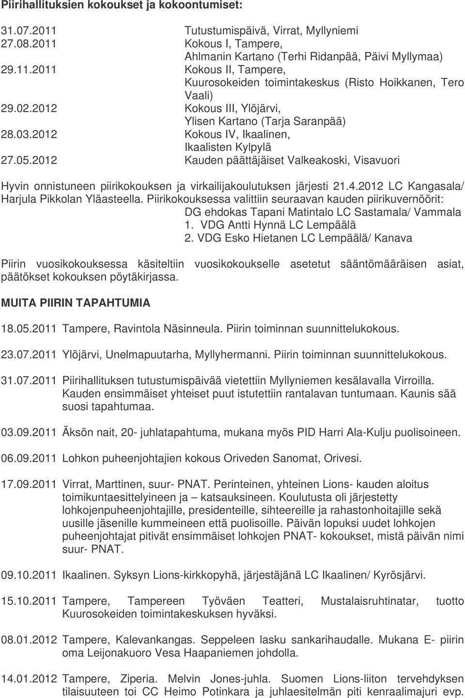 2012 Kauden päättäjäiset Valkeakoski, Visavuori Hyvin onnistuneen piirikokouksen ja virkailijakoulutuksen järjesti 21.4.2012 LC Kangasala/ Harjula Pikkolan Yläasteella.