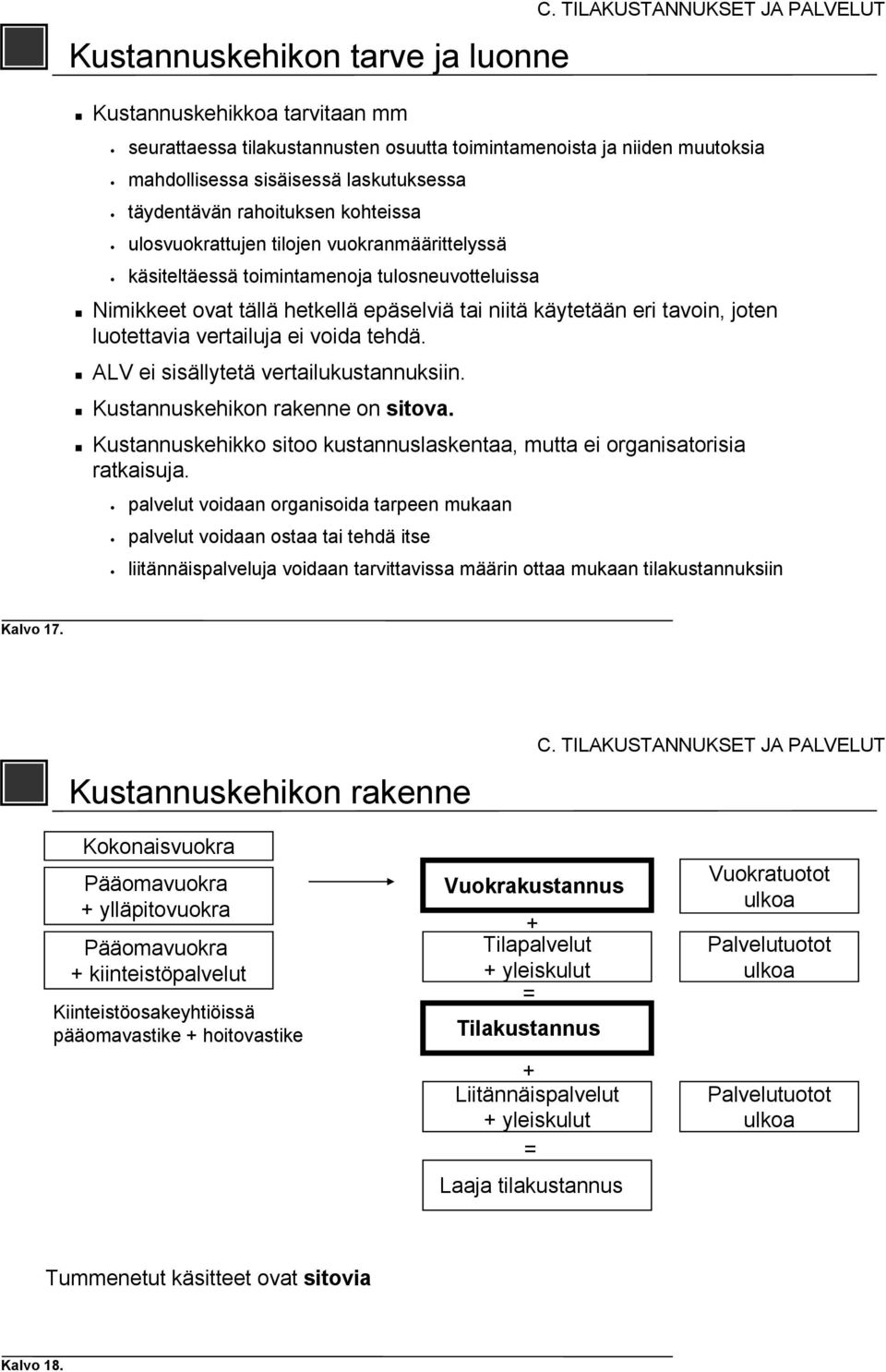 luotettavia vertailuja ei voida tehdä. ALV ei sisällytetä vertailukustannuksiin. Kustannuskehikon rakenne on sitova. Kustannuskehikko sitoo kustannuslaskentaa, mutta ei organisatorisia ratkaisuja.