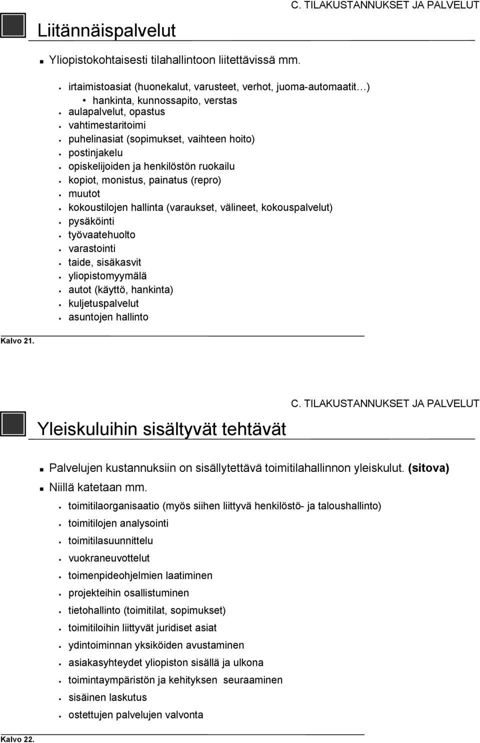 opiskelijoiden ja henkilöstön ruokailu kopiot, monistus, painatus (repro) muutot kokoustilojen hallinta (varaukset, välineet, kokouspalvelut) pysäköinti työvaatehuolto varastointi taide, sisäkasvit