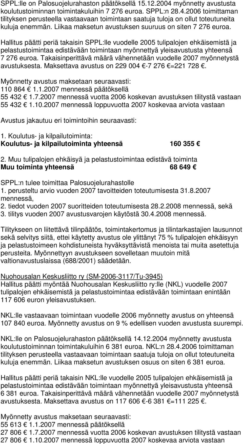 Hallitus päätti periä takaisin SPPL:lle vuodelle 2005 tulipalojen ehkäisemistä ja pelastustoimintaa edistävään toimintaan myönnettyä yleisavustusta yhteensä 7 276 euroa.